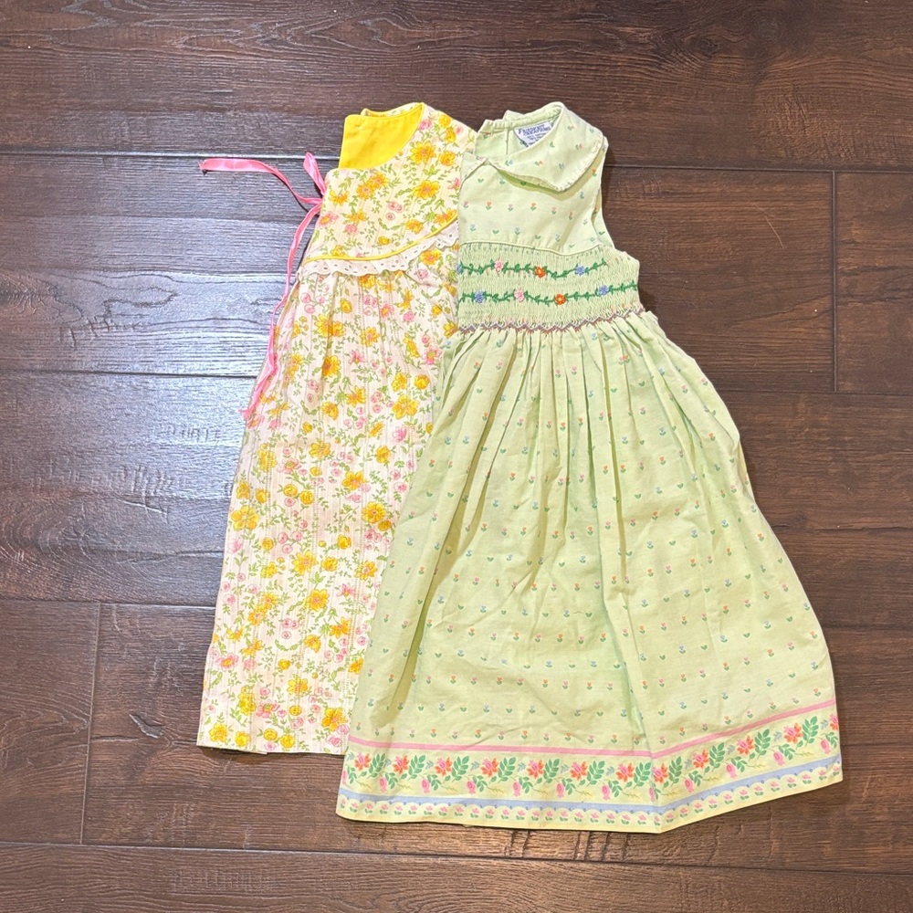 Vintage OOAK Girls Floral Smocked Green andYellow Dresses